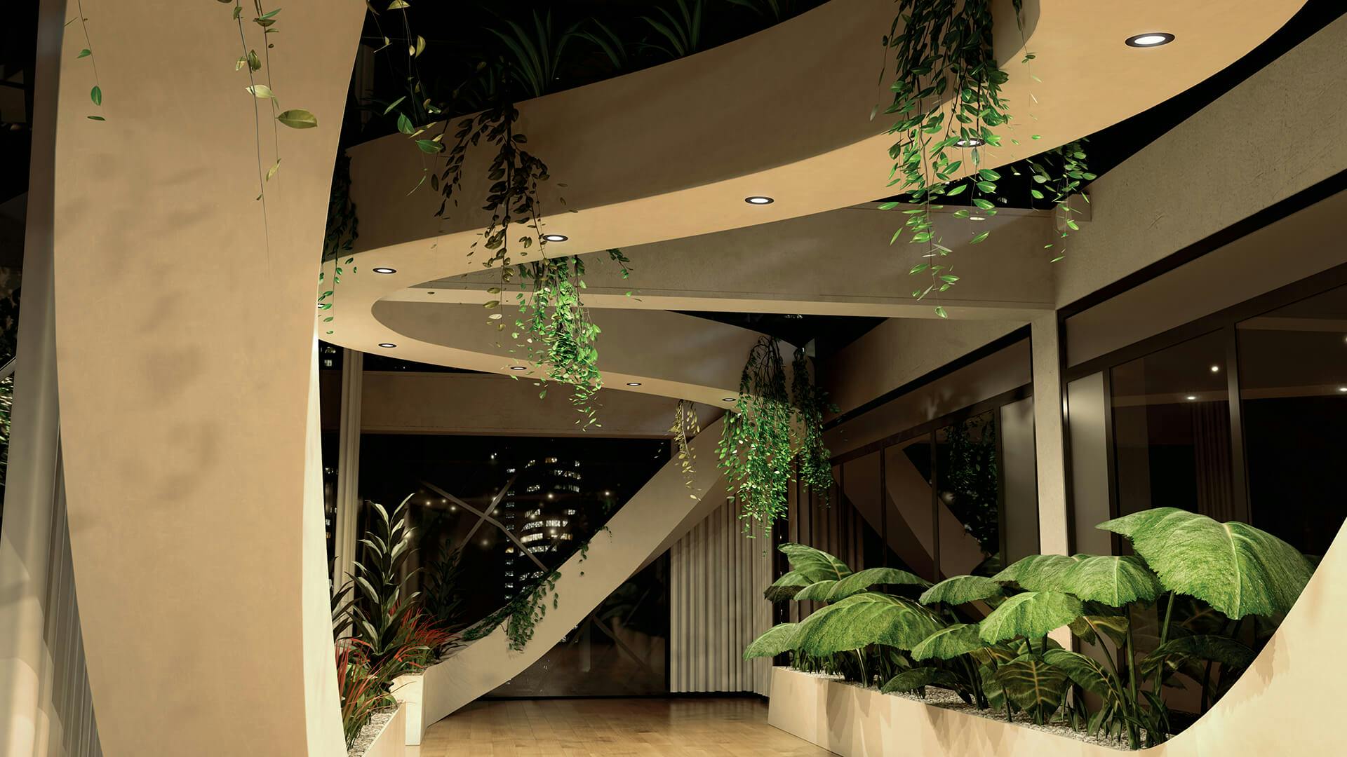 Unique lobby with partial ceiling moving in a sloping shape and greenery hanging off its ledges.