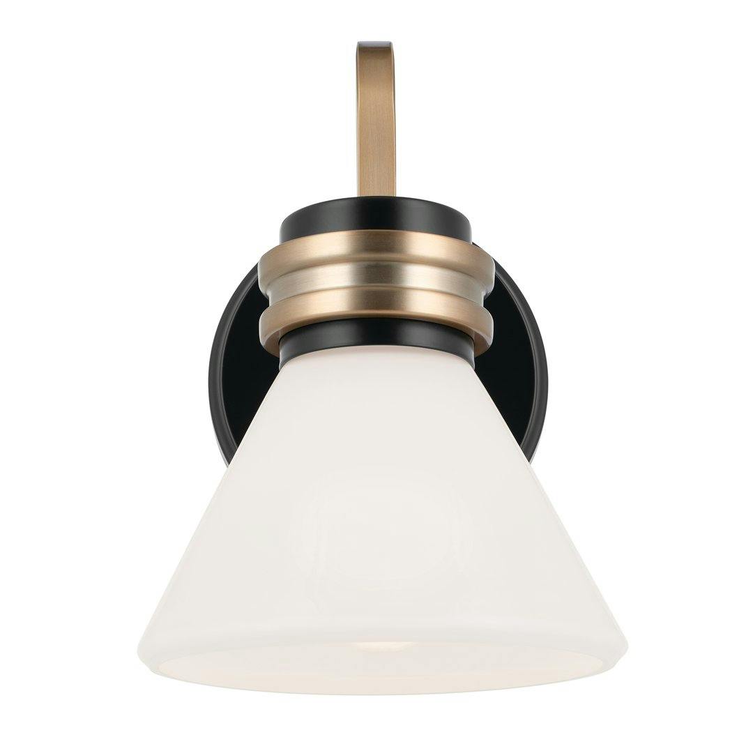 Front view of the Farum 9.5 Inch 1 Light Wall Sconce with Opal Glass in Black with Champagne Bronze on a white background