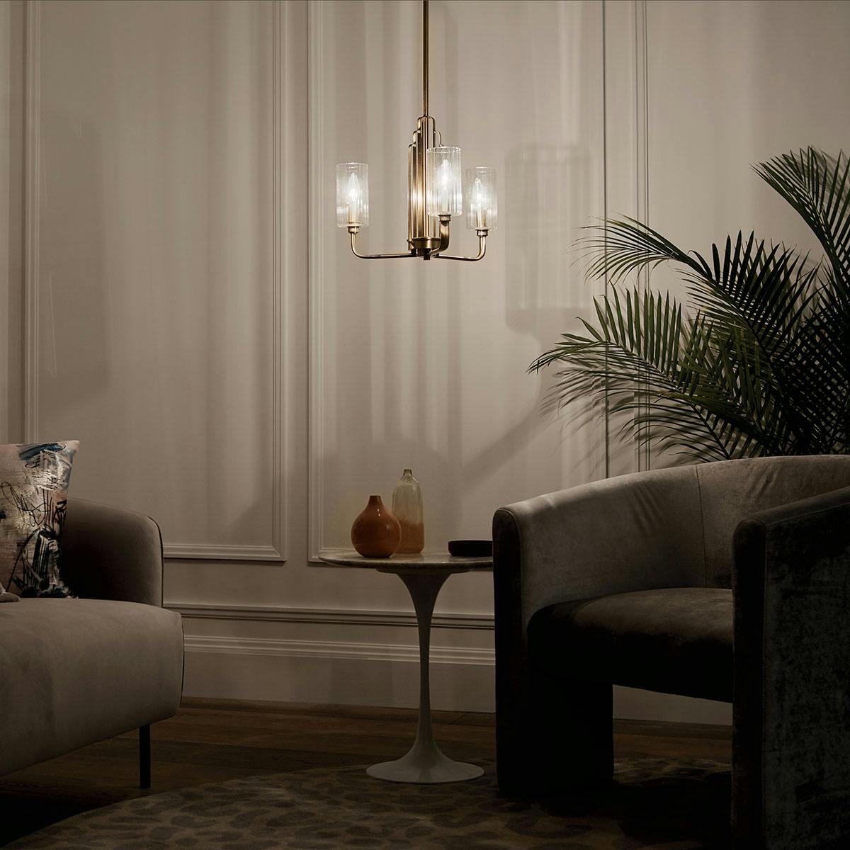 Night time Living Room image featuring Kimrose chandelier 52410BNB