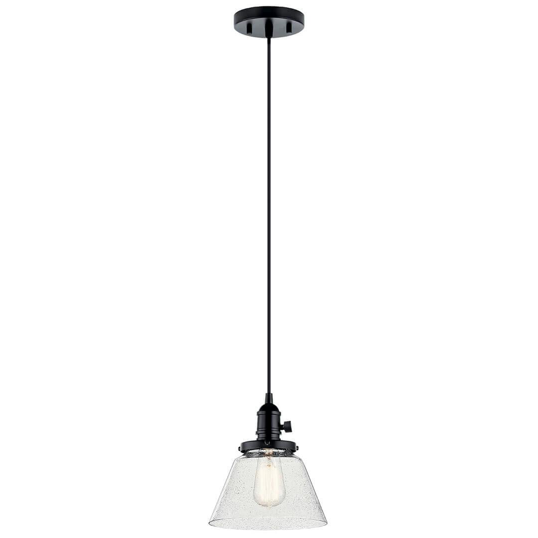 The Avery 9 Inch 1 Light Cone Mini Pendant with Clear Seeded Glass in Black on a white background