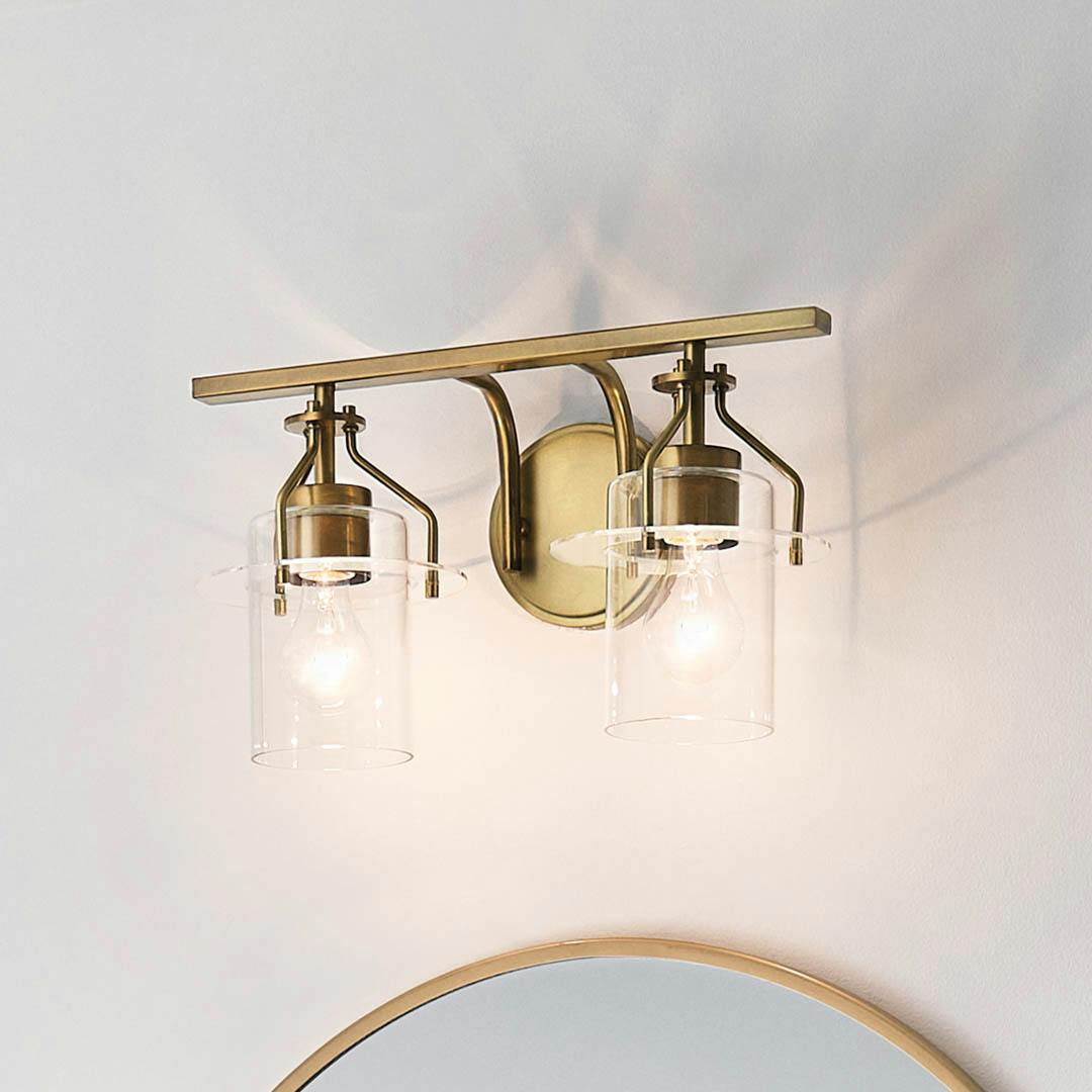Day time bathroom with Everett 16 Inch 2 Light Vanity Light with Clear Glass in Natural Brass