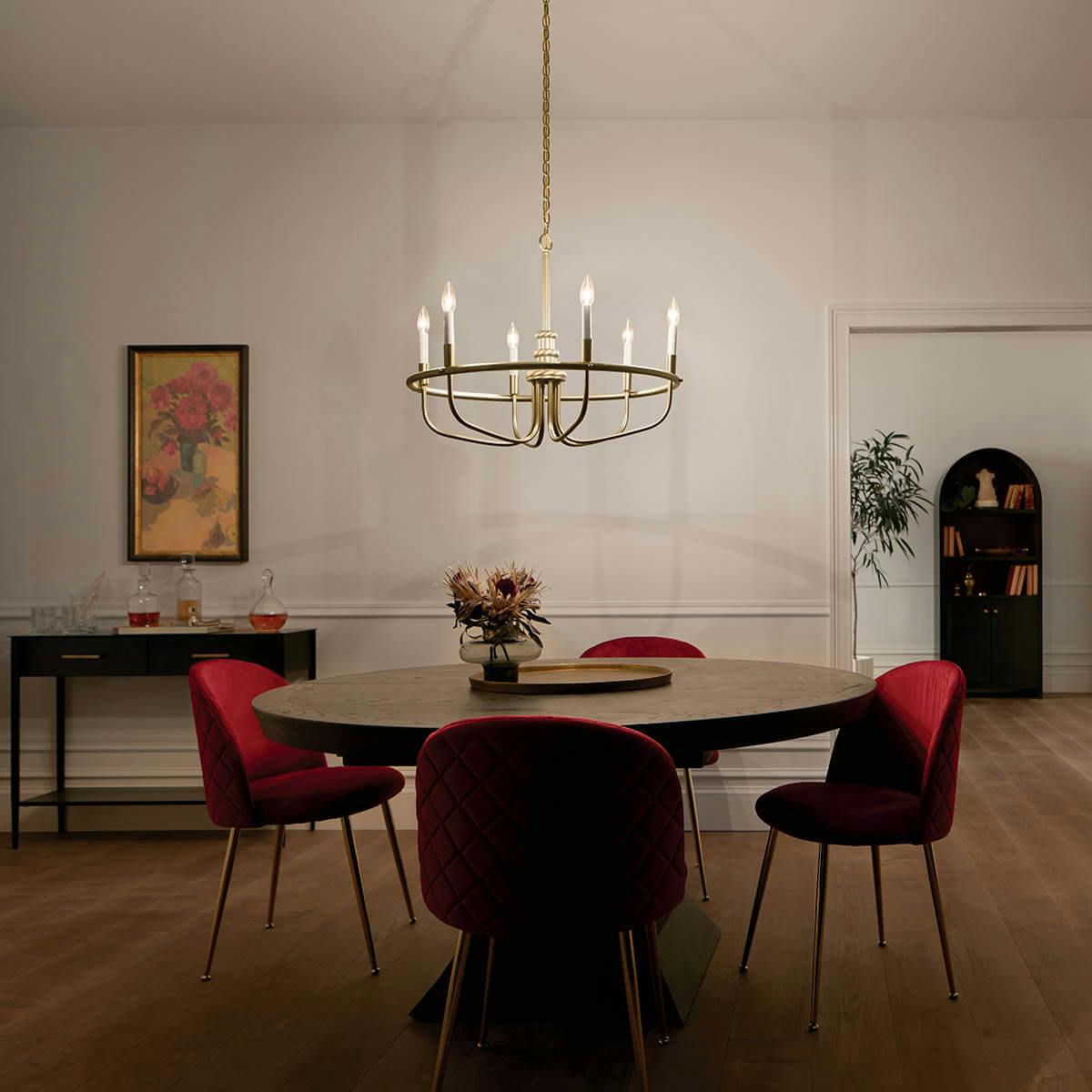 Night time dining room with Capitol Hill 6 Light Chandelier Classic Bronze