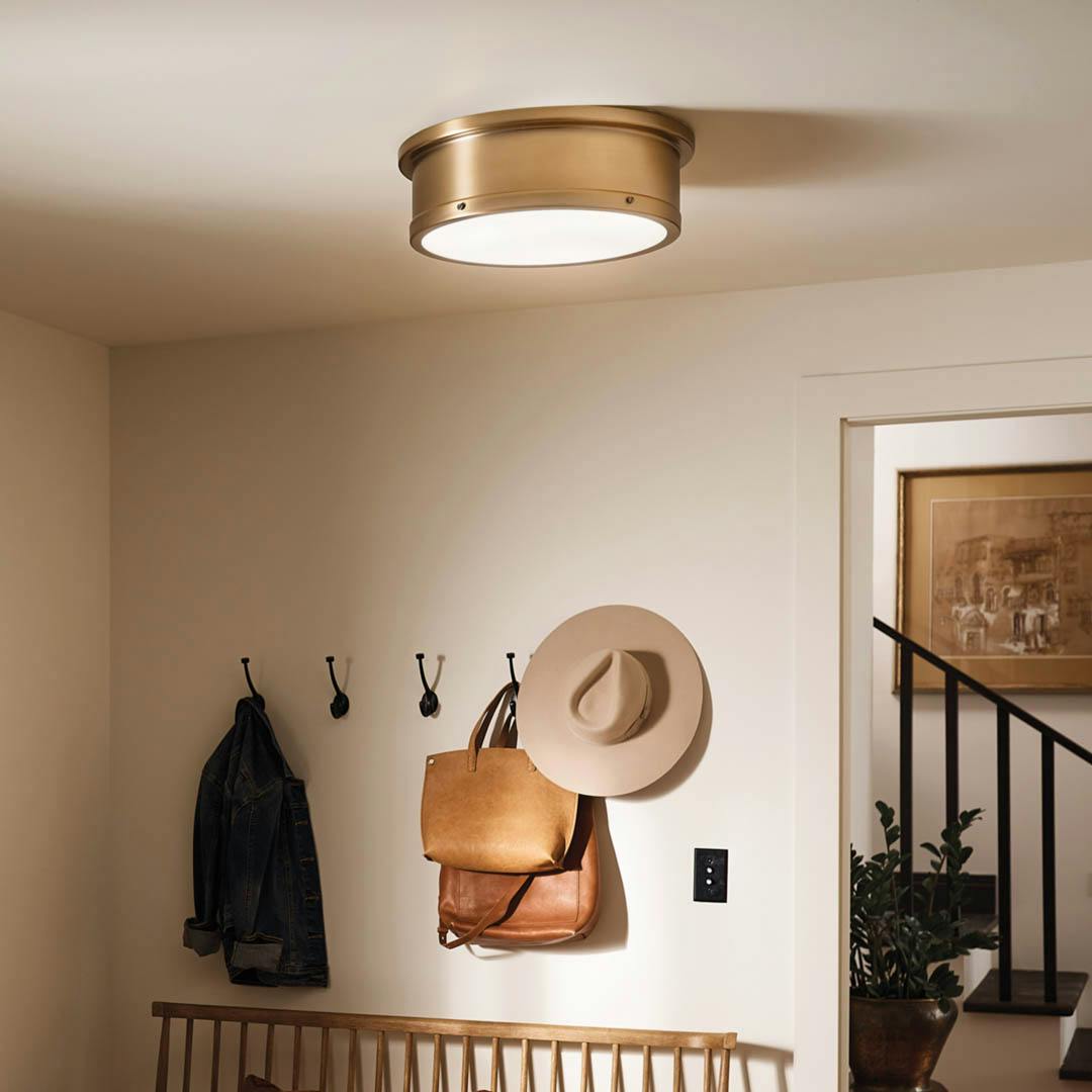 Day time entryway with Serca 18" 3 Light Flush Mount Brushed Natural Brass