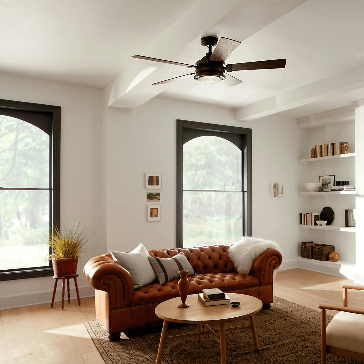 Day time living room with 52" Barrington LED Fan Distressed Black
