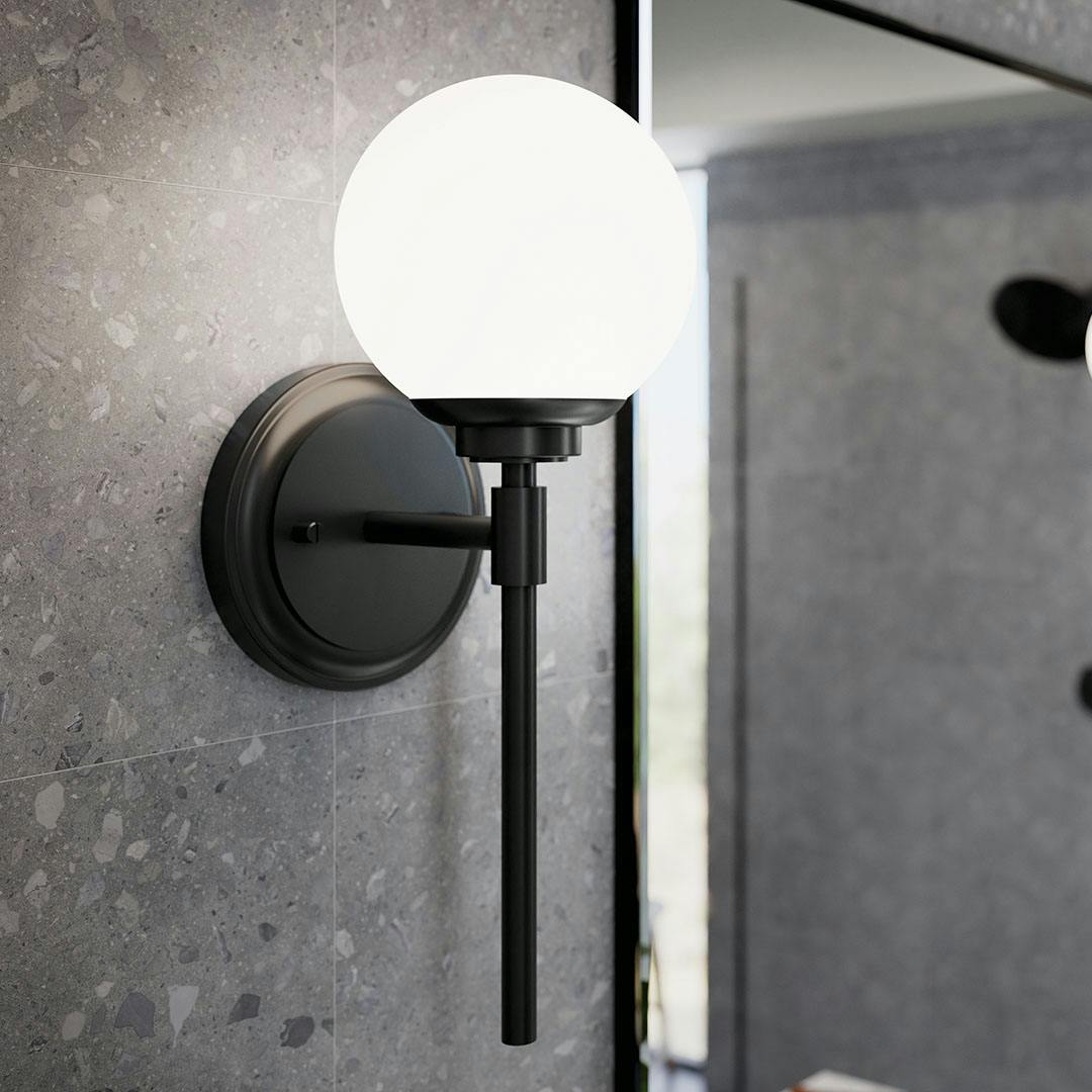 Day time bathroom with the Benno 13.75 Inch 1 Light Wall Sconce with Opal Glass in Black