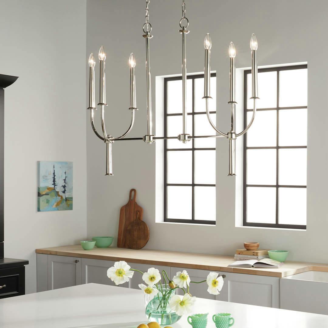 Day time kitchen with Florence 40" 6 Light Linear Chandelier Polished Nickel