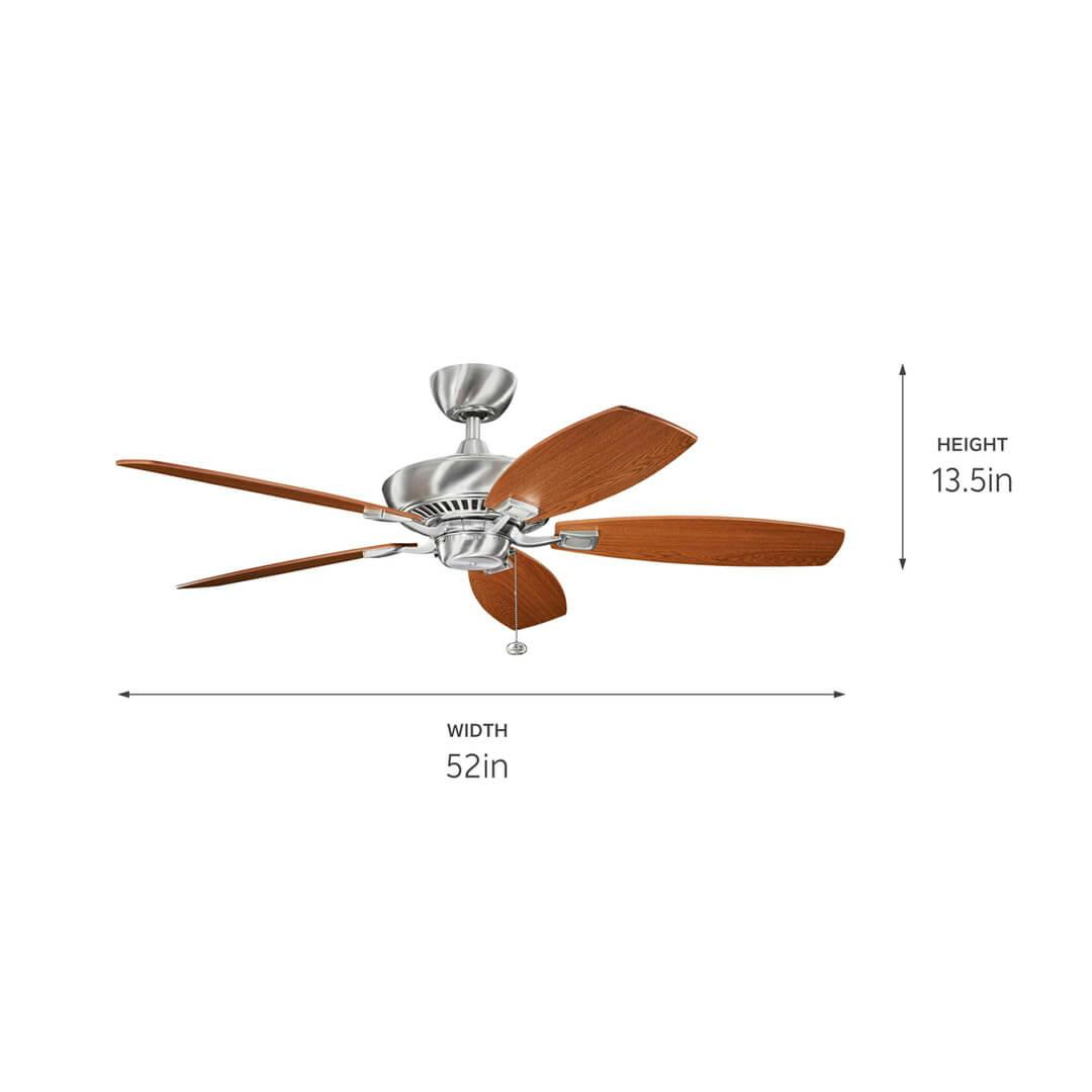 Canfield 52" Fan Brushed Stainless Steel on a white background with dimensions also shown in tech specs