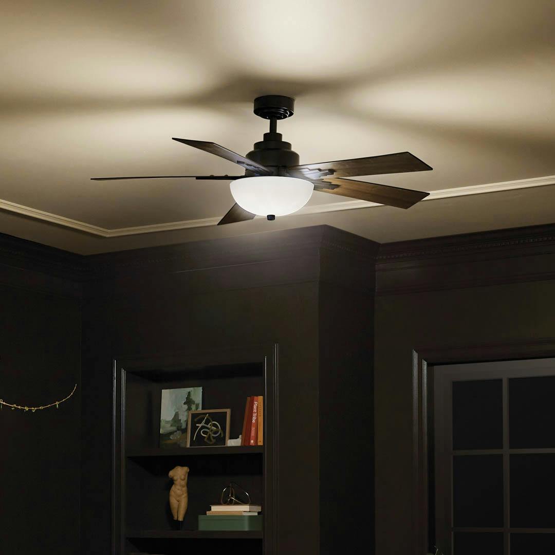 Night time living room with 52" Vinea 5 Blade LED Indoor Ceiling Fan Satin Black