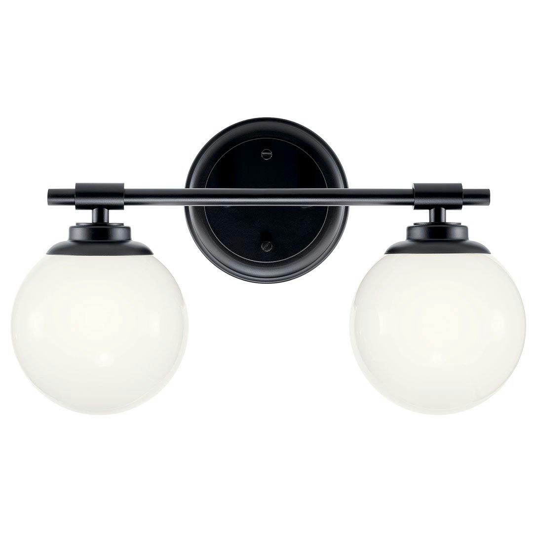 The Benno 14.75 Inch 2 Light Vanity Light with Opal Glass in Black mounted down on a white background