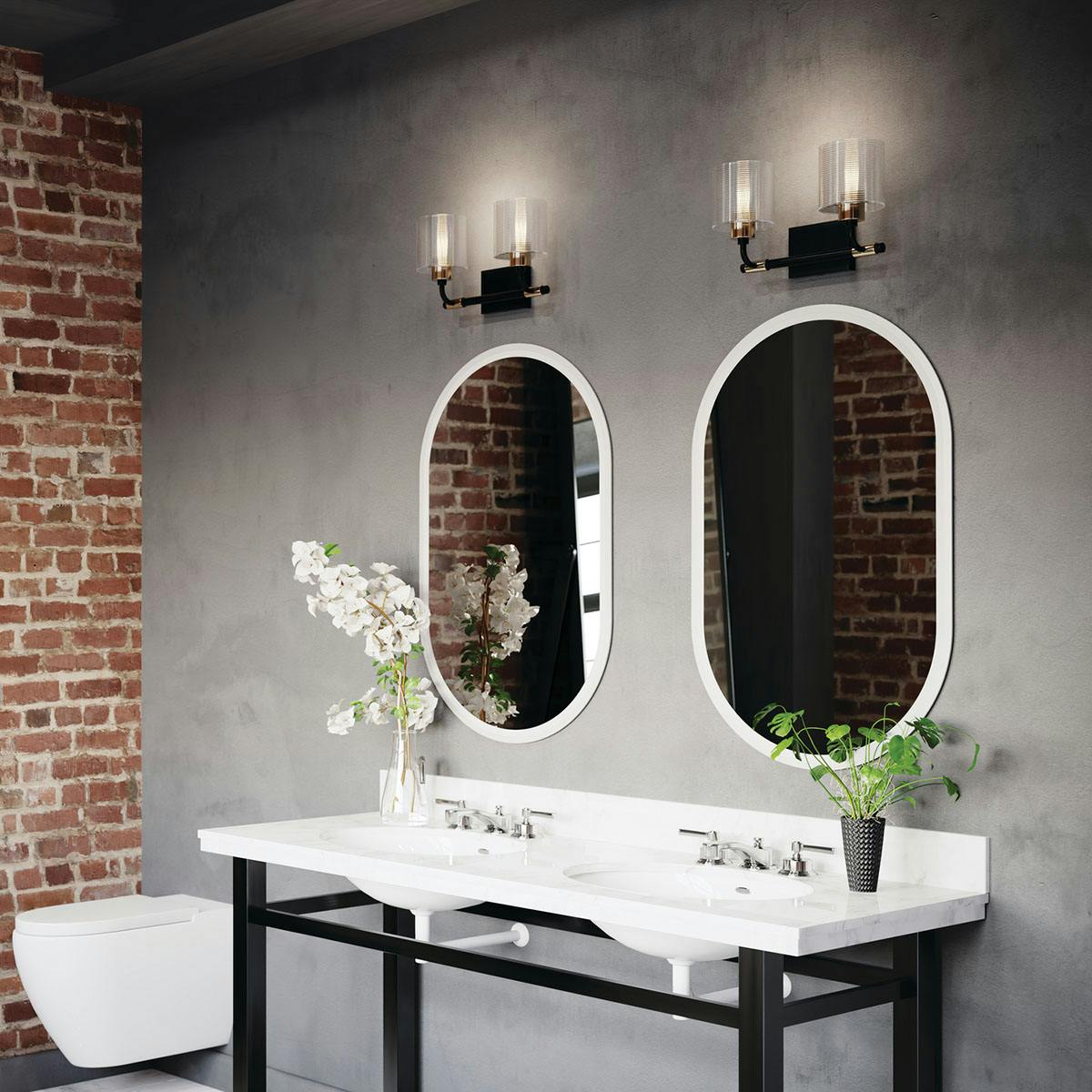 Day time Bathroom with Harvan™ 15" 2 Light Vanity Light with Clear Ribbed Glass Black 