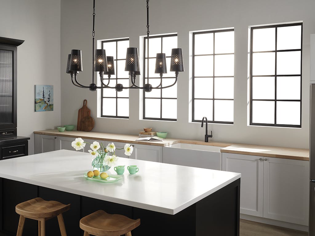 Day time kitchen with Adeena 47.25" 8 Light Linear Chandelier Black