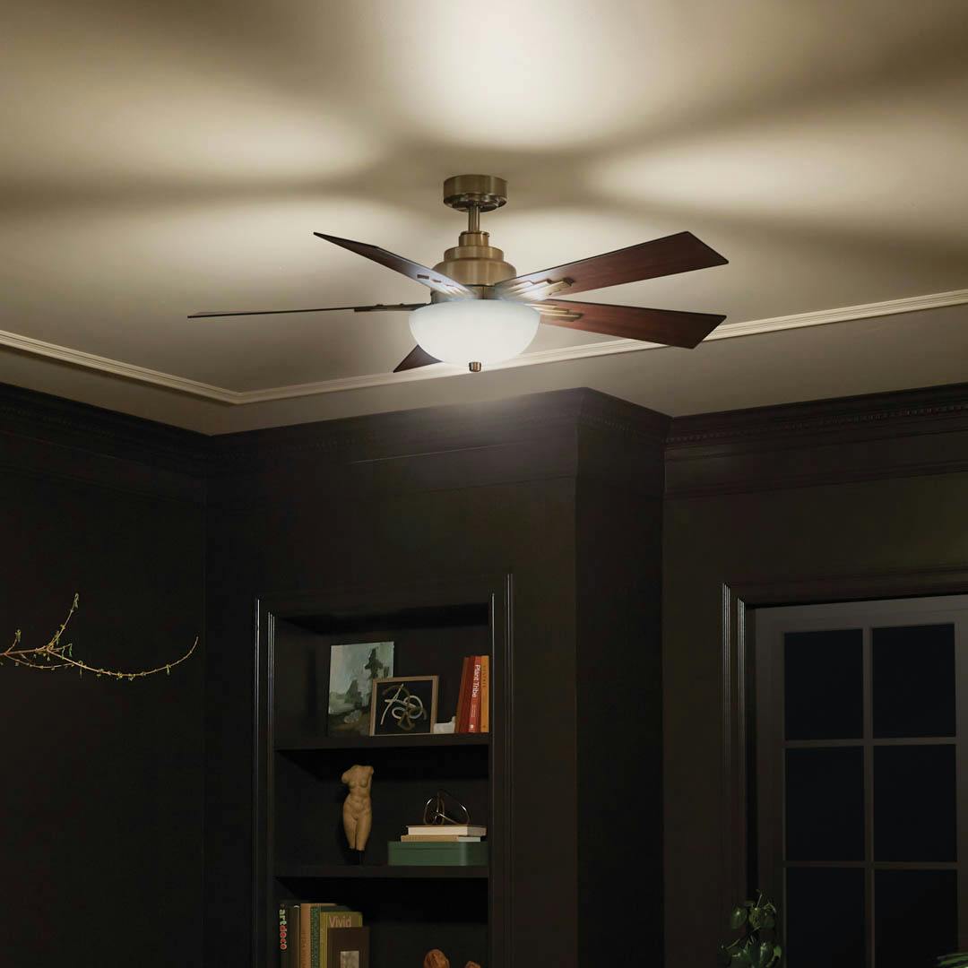 Night time living room with 52" Vinea 5 Blade LED Indoor Ceiling Fan Brushed Natural Brass