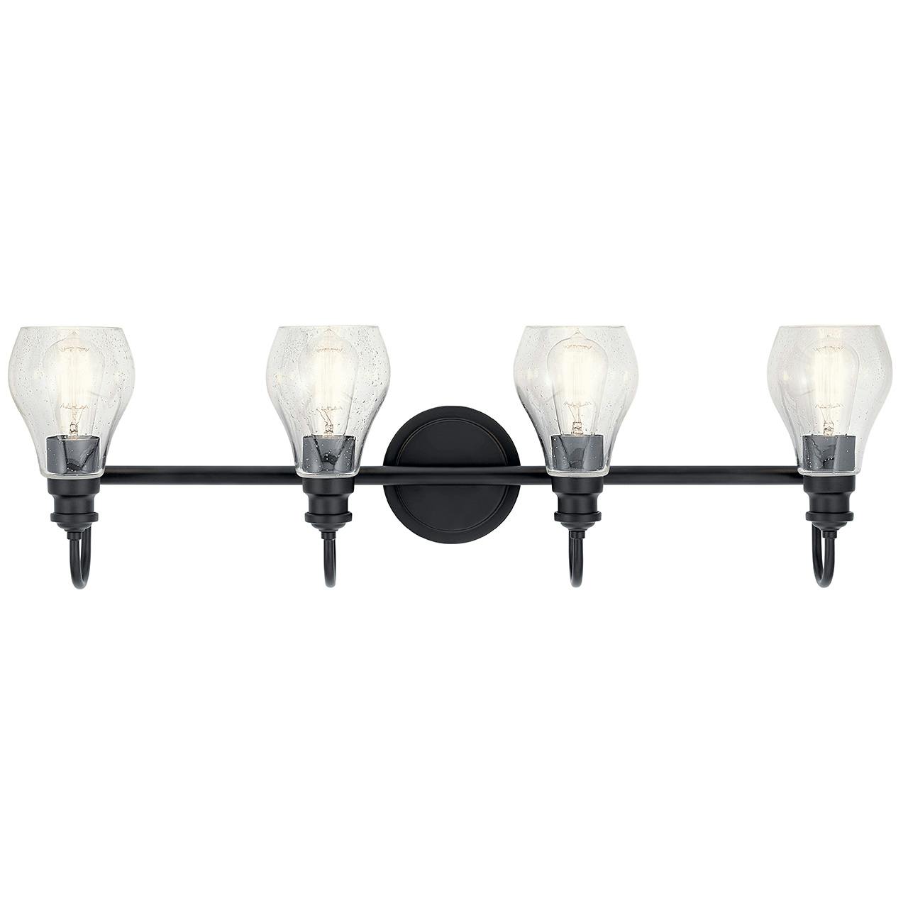 The Greenbrier™ 4 Light Vanity Light Black facing up on a white background