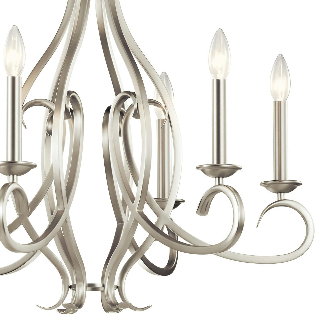 Close up view of the Ania 6 Light Chandelier Brushed Nickel on a white background