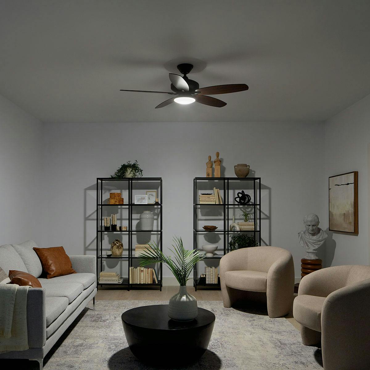 Night time living room featuring Renew ceiling fan 330163SNB