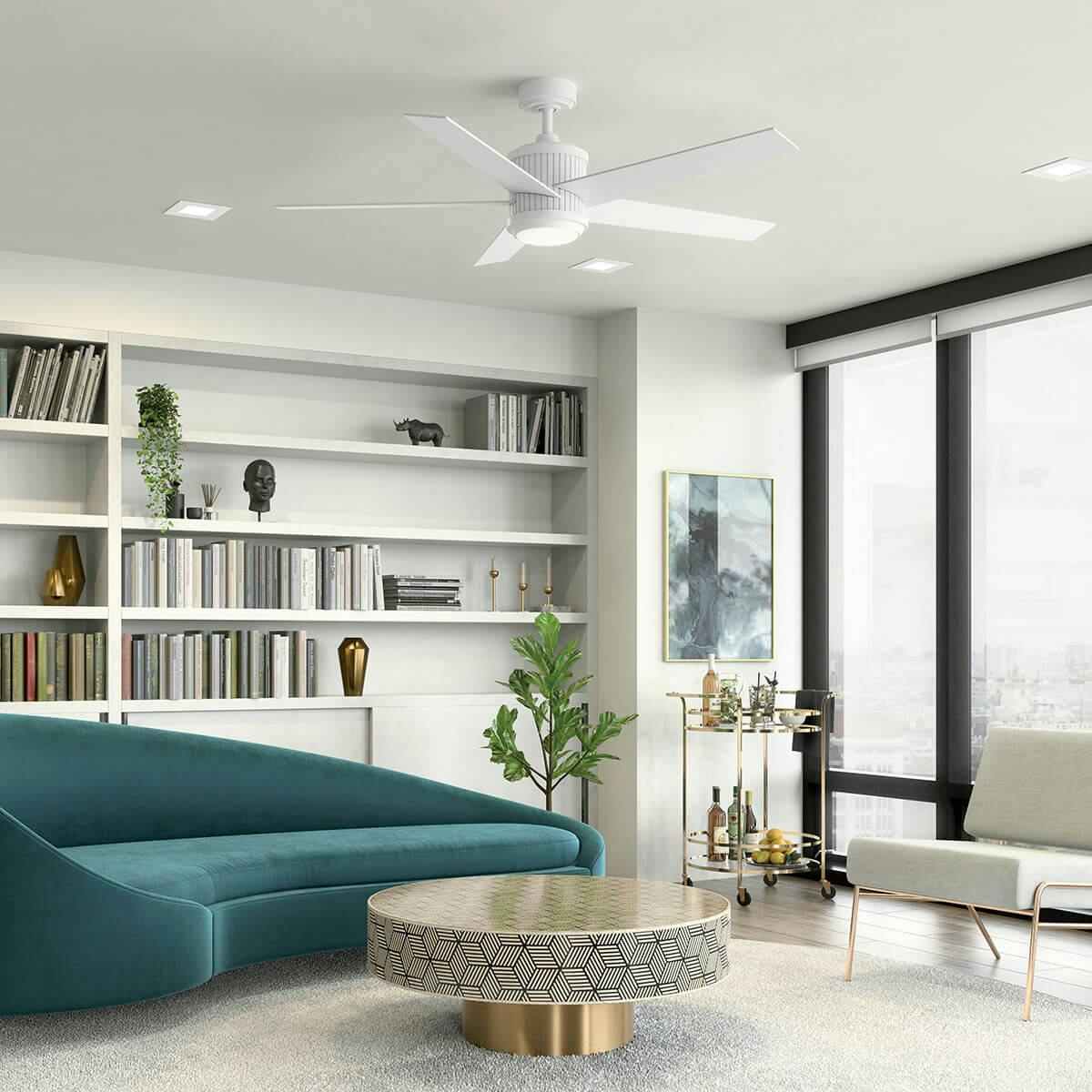 Day time living room image featuring Maeve ceiling fan 300044MWH