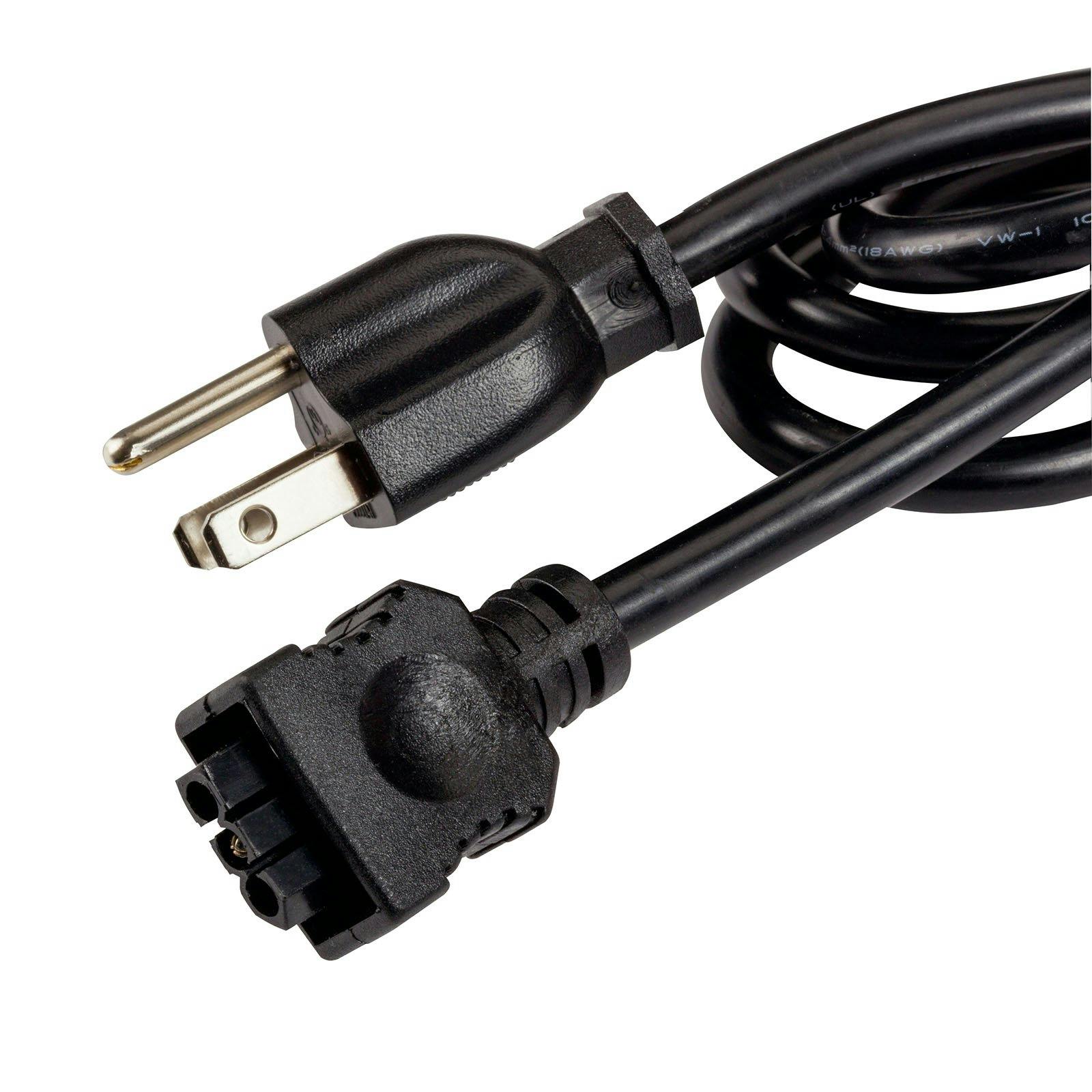 Close up view of the 4U/6U Under Cabinet 3-Prong Cord Black on a white background