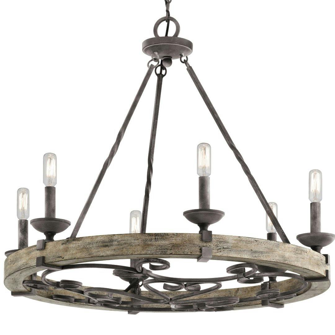 Close up of Taulbee 6 Light Chandelier Weathered Zinc on a white background