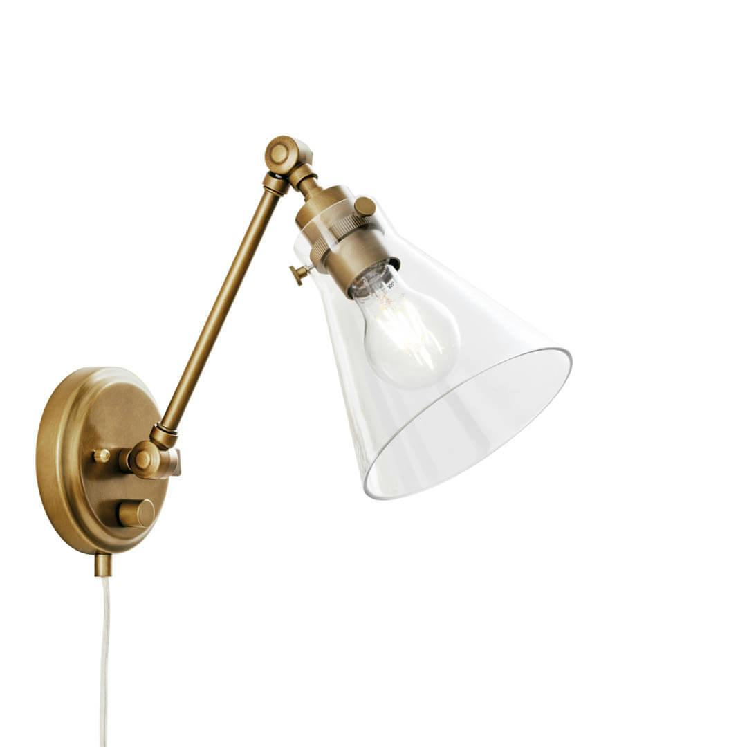 Rosewood 12 Inch 1 Light Plug-In Wall Sconce in Natural Brass with Clear Glasson a white background