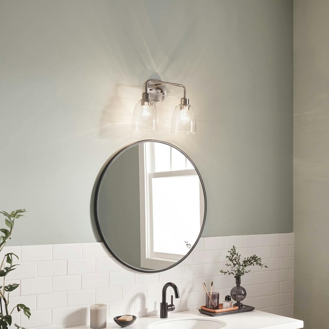 Day time bathroom with Meller 15.25 Inch 2 Light Vanity Light with Clear Glass in Brushed Nickel