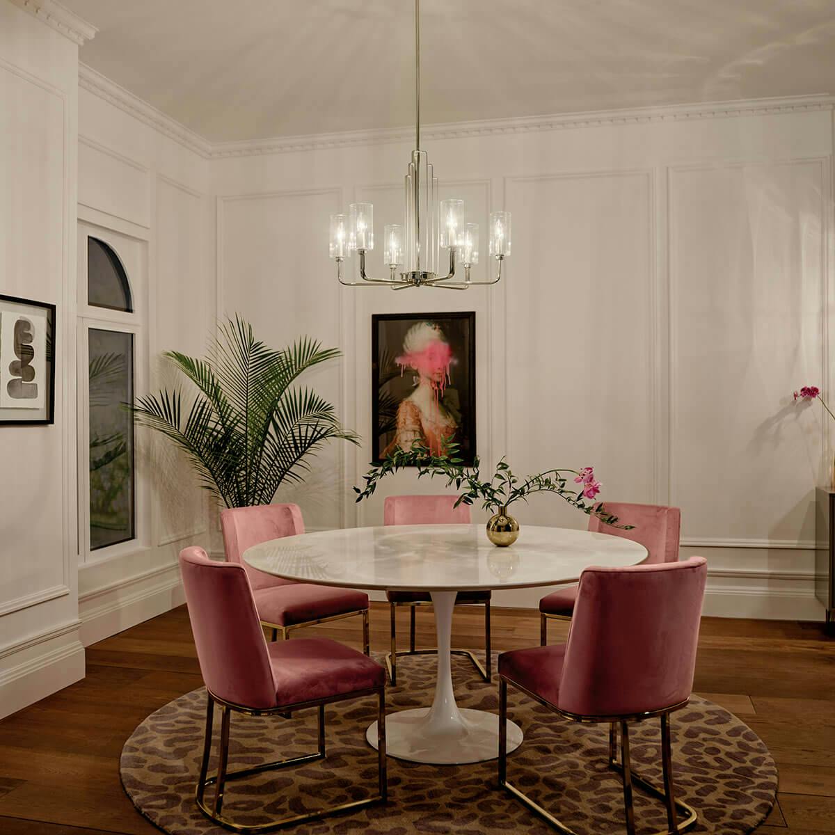 Night time dining room image featuring Kimrose chandelier 52411PN
