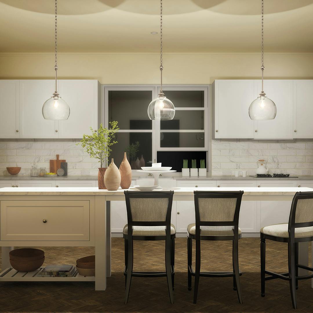 Night time kitchen with Lecelles 11" 1 Light Pendant Polished Nickel