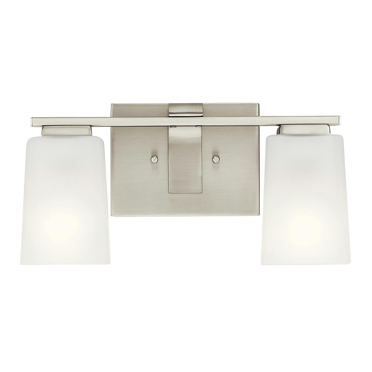 The Roehm 2 Light Vanity Light Brushed Nickel facing down on a white background