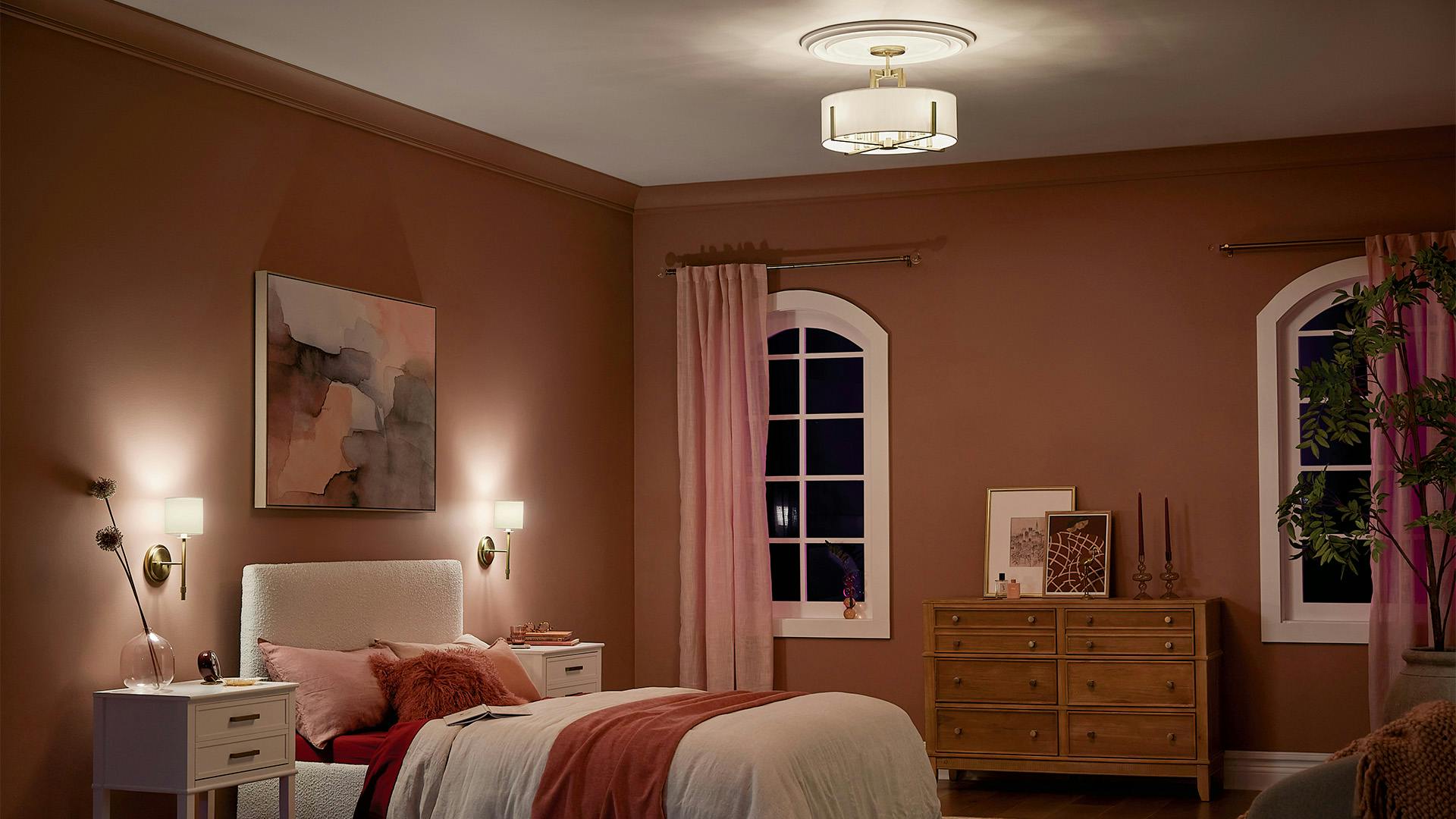 Bedroom at night with Malen ceiling light in classic pewter.