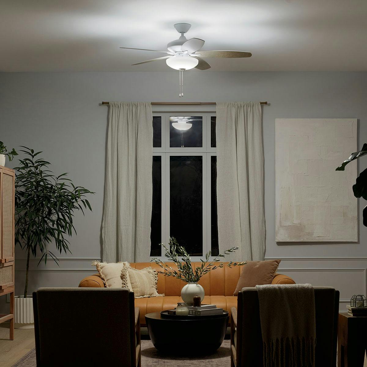 Night time living room featuring Renew ceiling fan 330161MWH