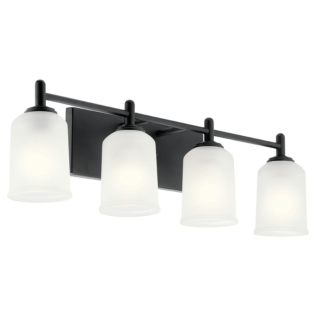 Shailene 29.75 inch 4 Light Vanity Light with Satin Etched Glass in Black on a white background