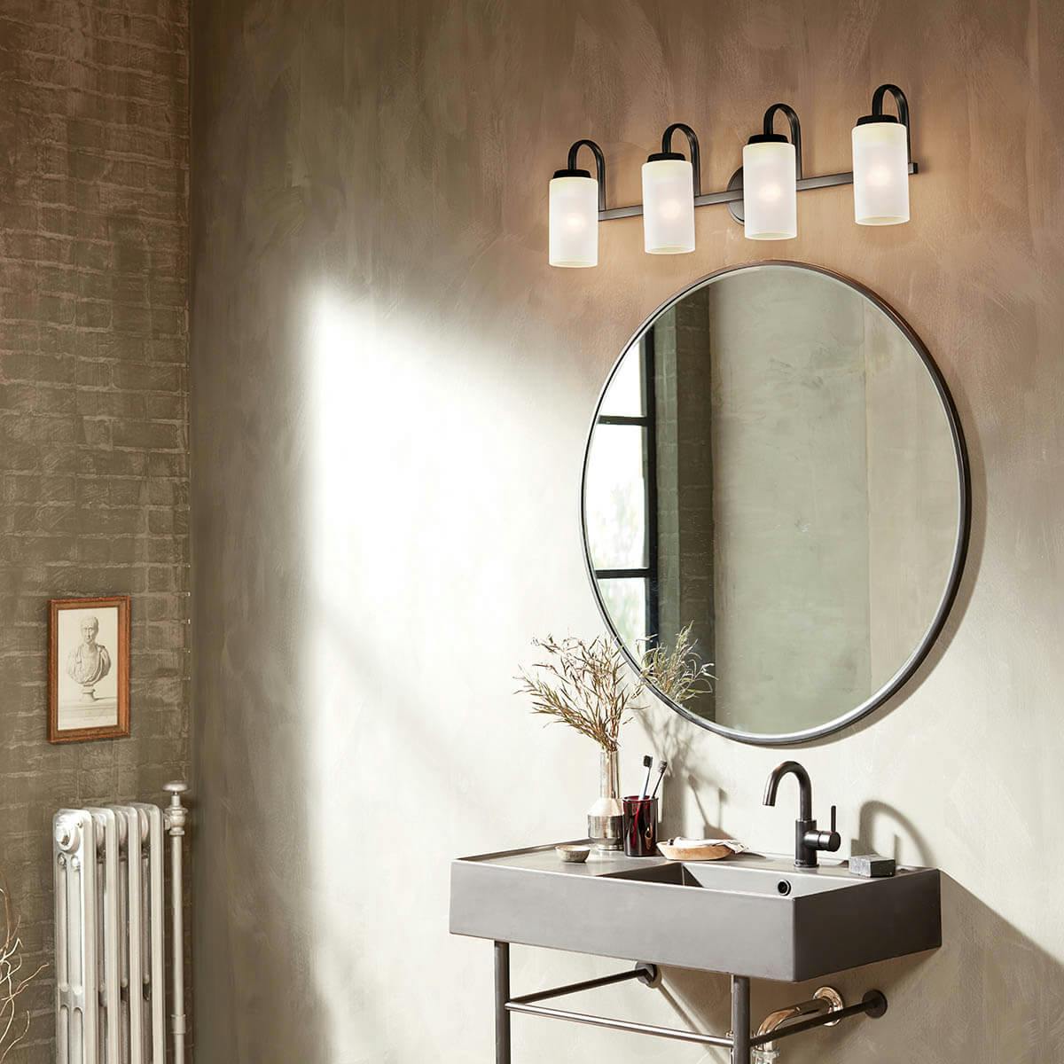 Day time bathroom with Kennewick 4 light vanity light in black