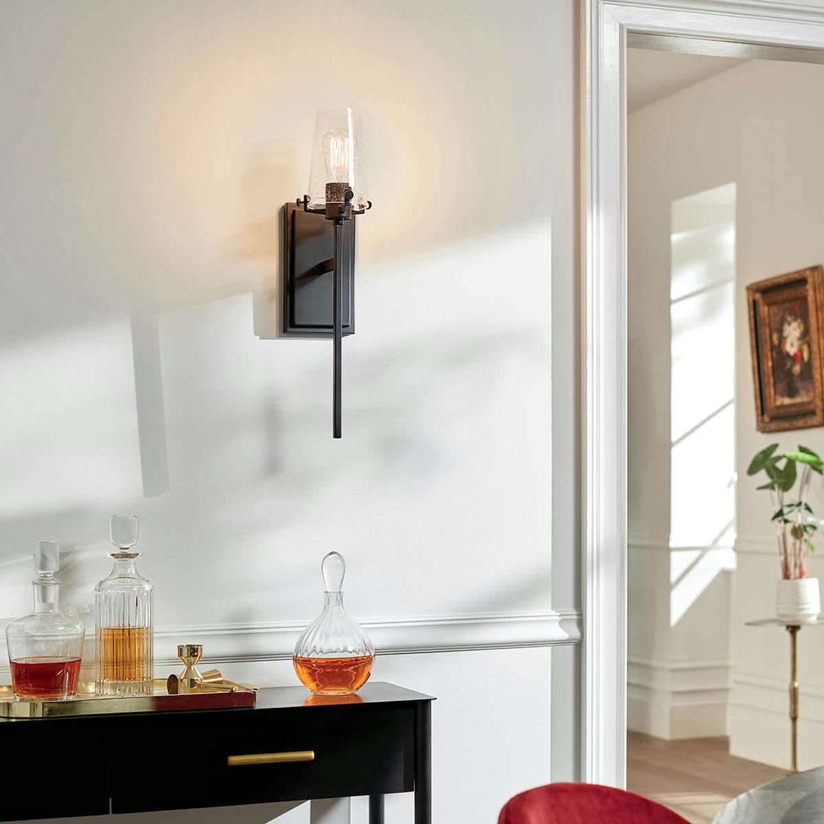 Day time dinin room with Alton 1 Light Wall Sconce Black