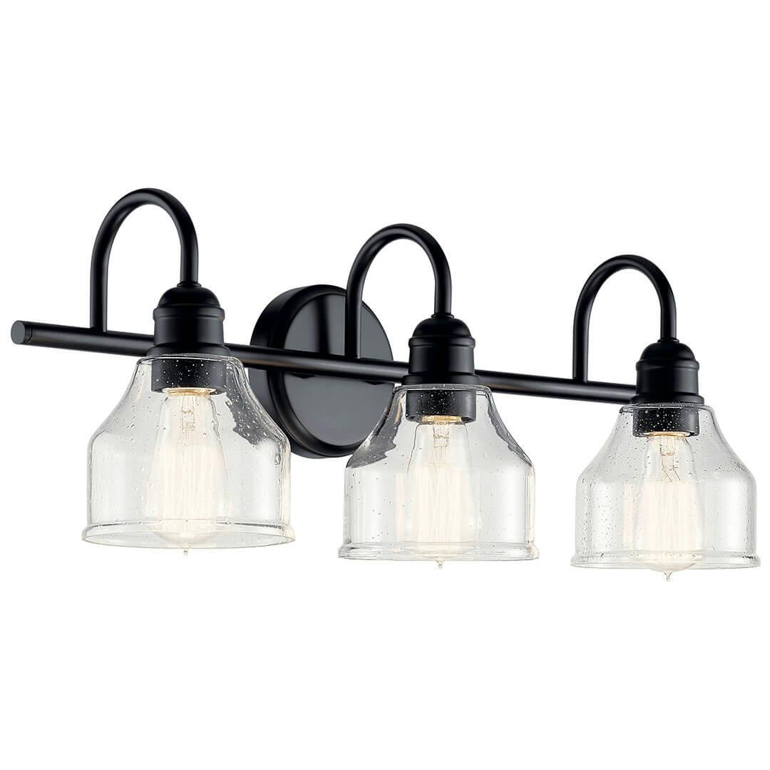 The Avery 24 Inch 3 Light Vanity Light with Clear Seeded Glass in Black on a white background