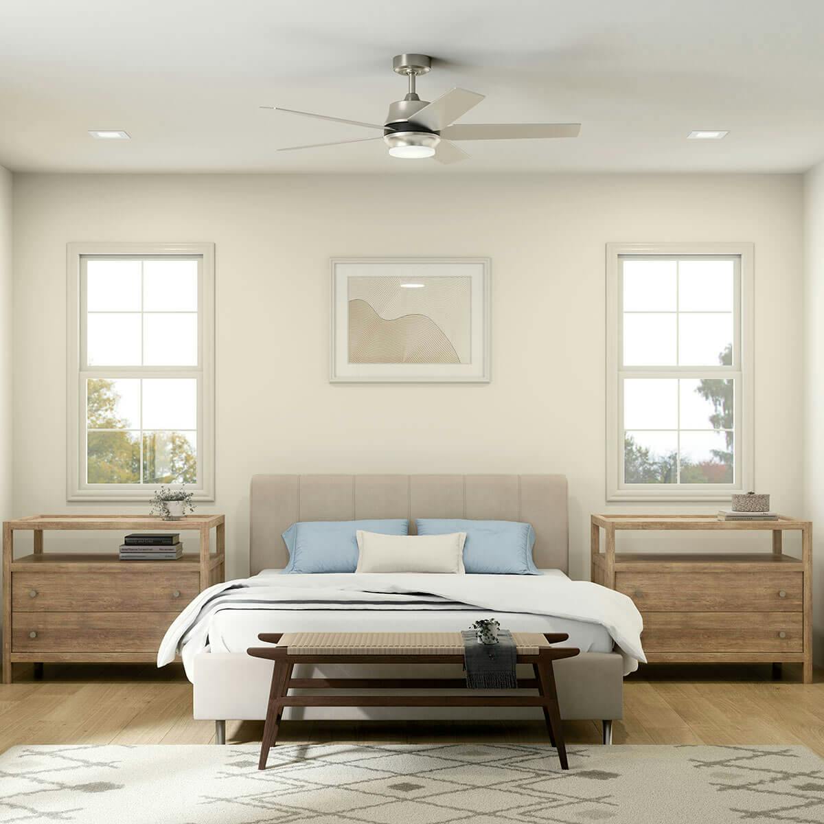 Day time bedroom image featuring Brahm ceiling fan 300059BSS