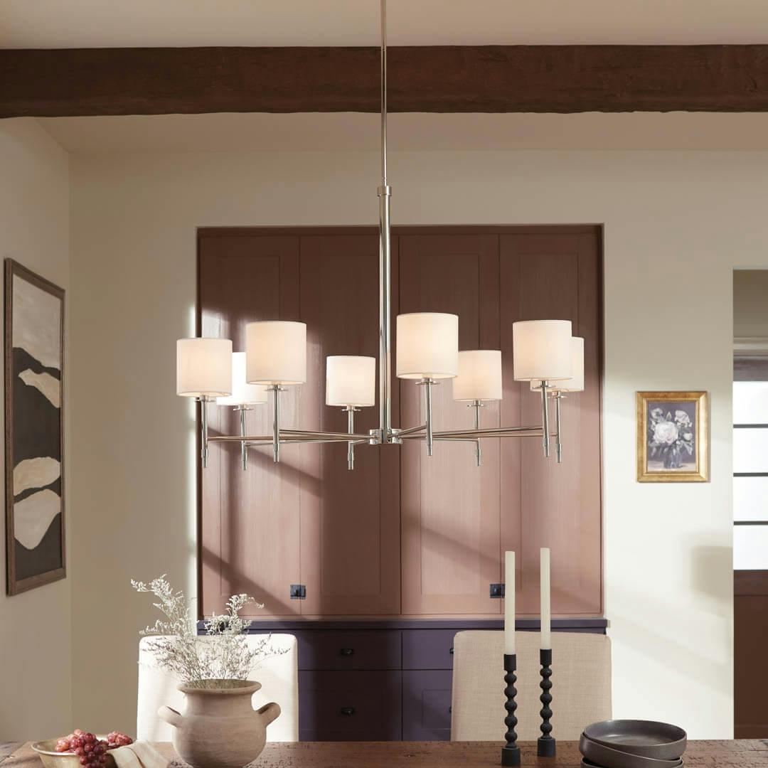 Day time dining room with Ali 38.5" 8 Light Chandelier Polished Nickel