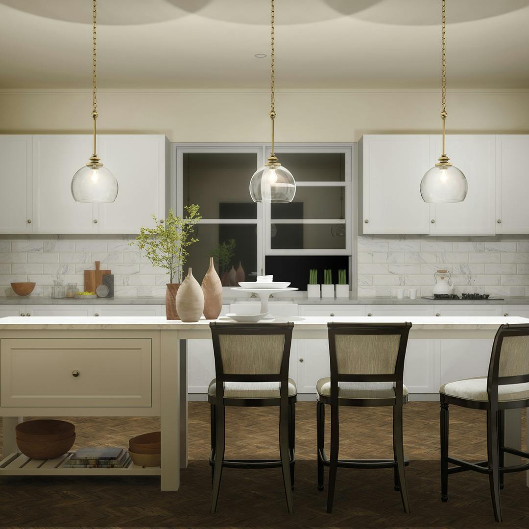 Night time kitchen with Lecelles 11" 1 Light Pendant Classic Bronze