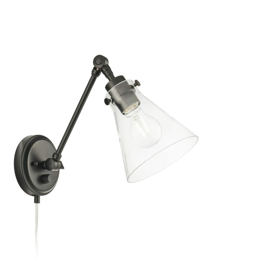 Rosewood 12 Inch 1 Light Plug-In Wall Sconce in Matte Black with Clear Glasson a white background