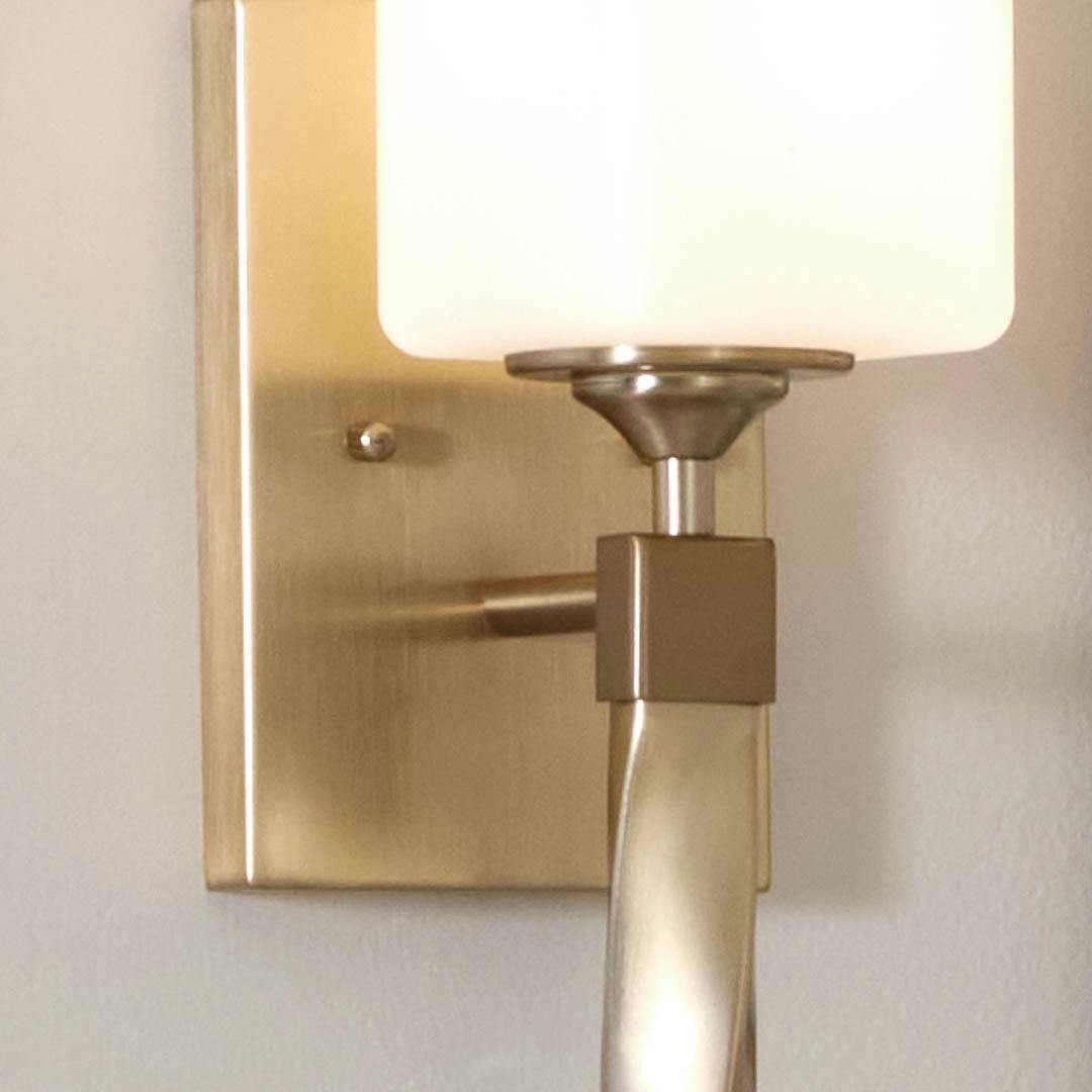 Day time bathroom with Marette 5 inch 1 Light Sconce  with Satin Etched Cased Opal Glass in Champagne Bronze