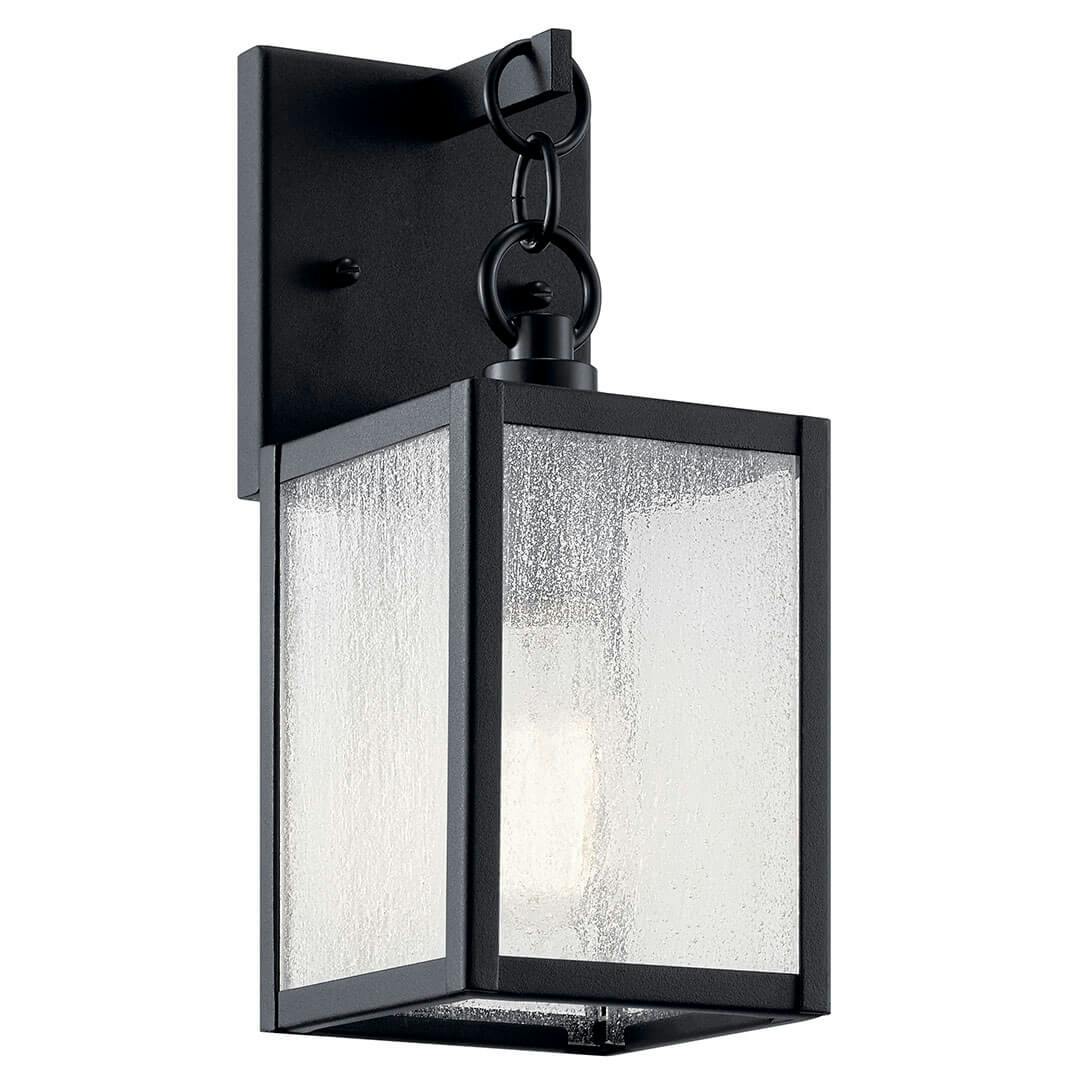 The Lahden 12.25" 1 Light Outdoor Wall Light with Clear Seeded Glass in Textured Black on a white background