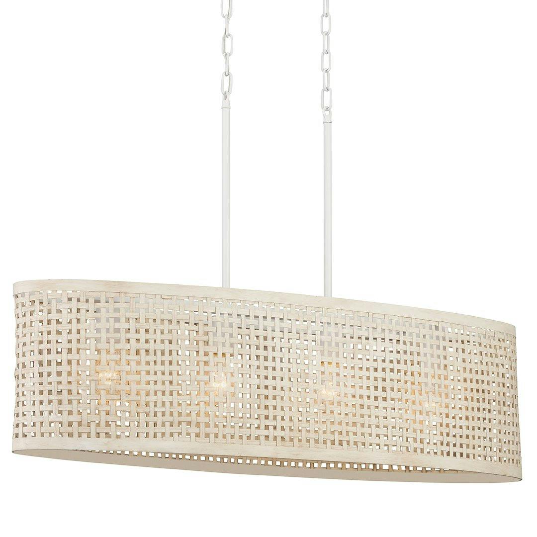 Sayulita 4 Light Chandelier Oval Pendant in White and White Washed Wicker on a white background