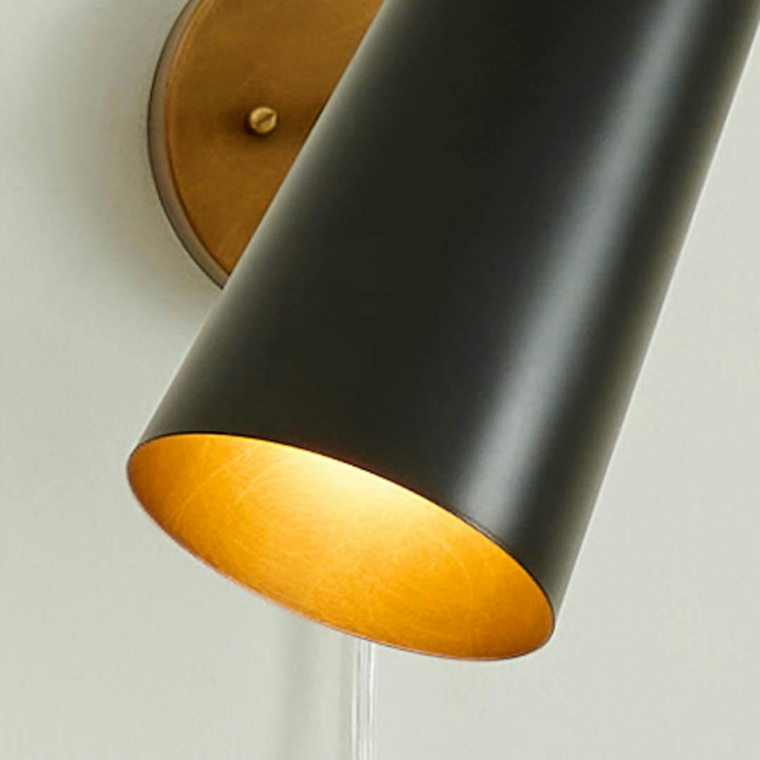 Day time home office with Salema 9 Inch 1 Light  Plug-In Wall Sconce in Natural Brass and Matte Black