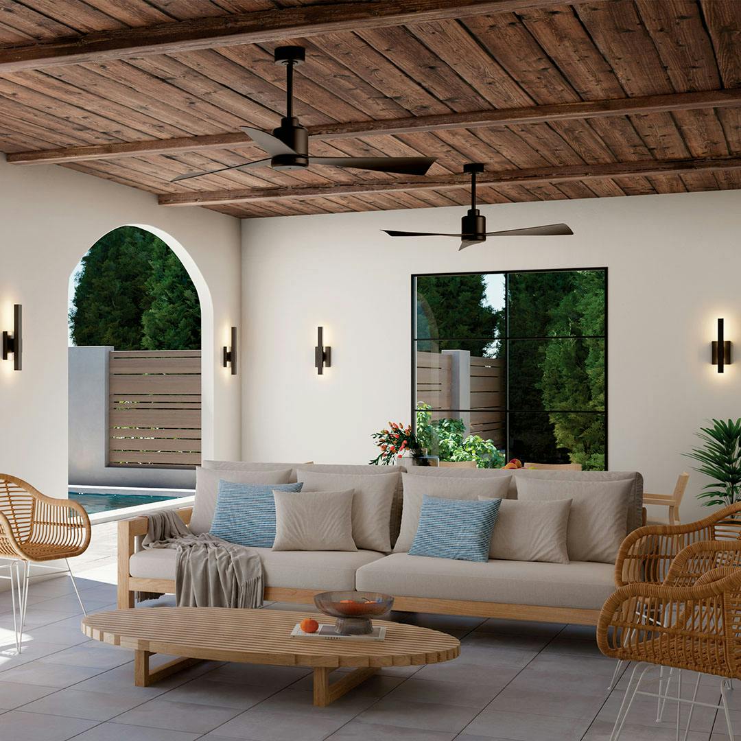 Porch in day light with the 52 Inch True Ceiling Fan in Satin Natural Bronze with Satin Natural Bronze Blades