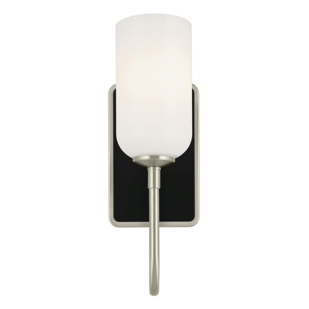Front view of the Solia 13.5 Inch 1 Light Wall Sconce with Opal Glass in Brushed Nickel with Black on a white background