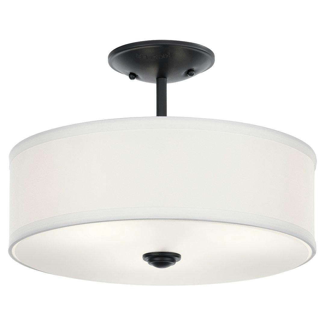 Shailene 14" 3 Light Semi Flush with Satin Etched White Diffuser and White Microfiber Shade in Black on a white background