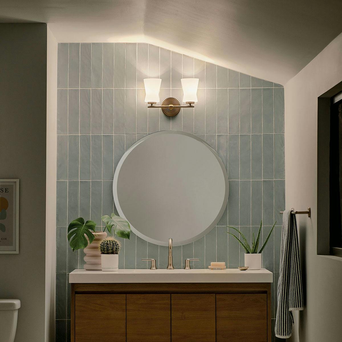 Night time Bathroom image featuring Brianne vanity light 55116BNB