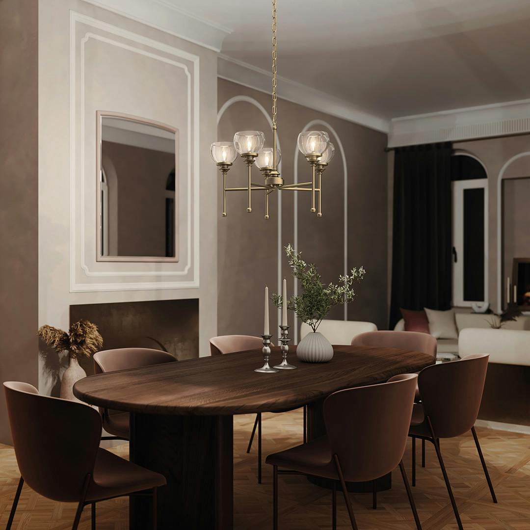 Night time dining room with Lecelles 5 Light Chandlier Classic Bronze