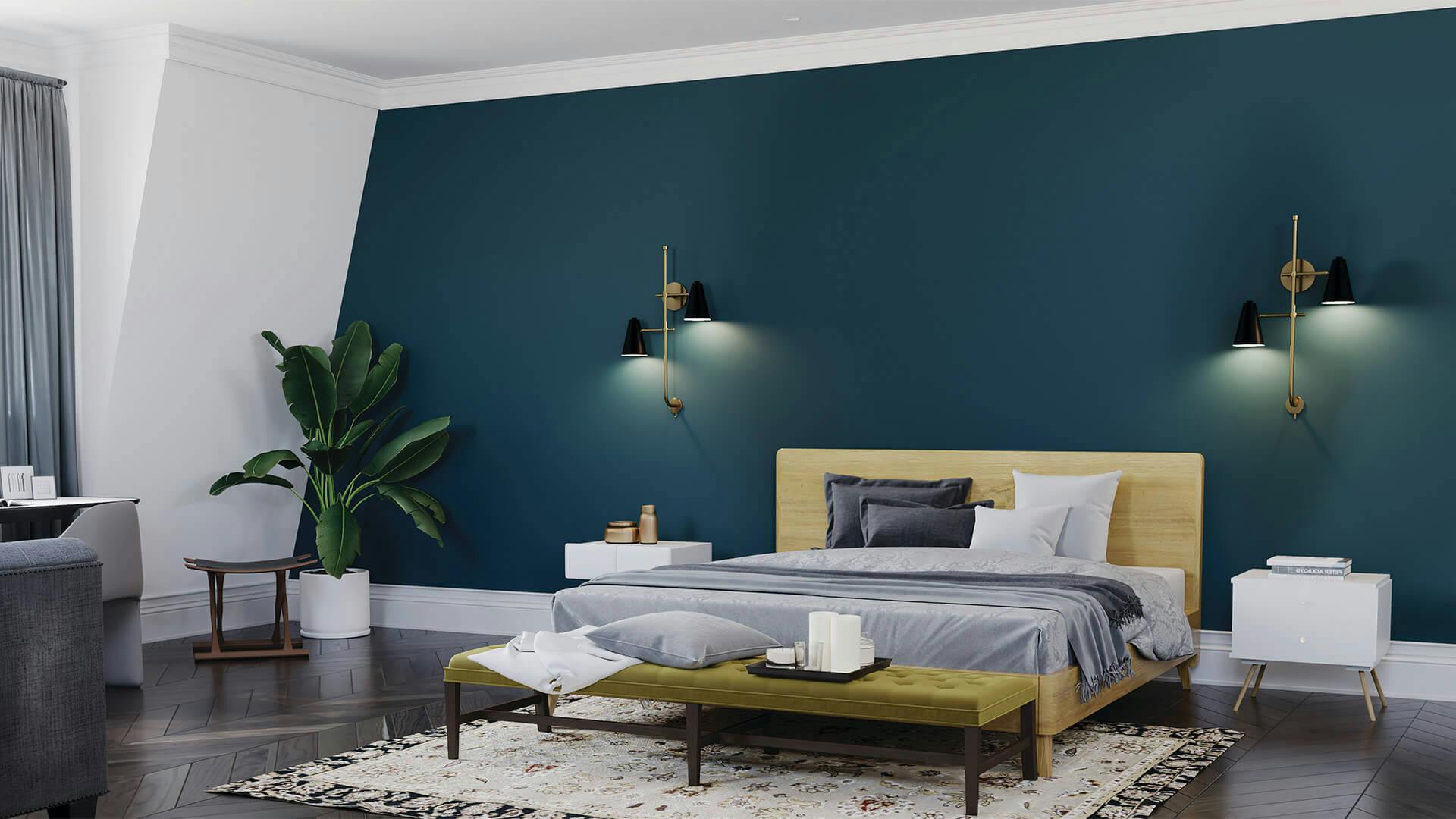 Bedroom with blue wall and Sylvia wall sconces