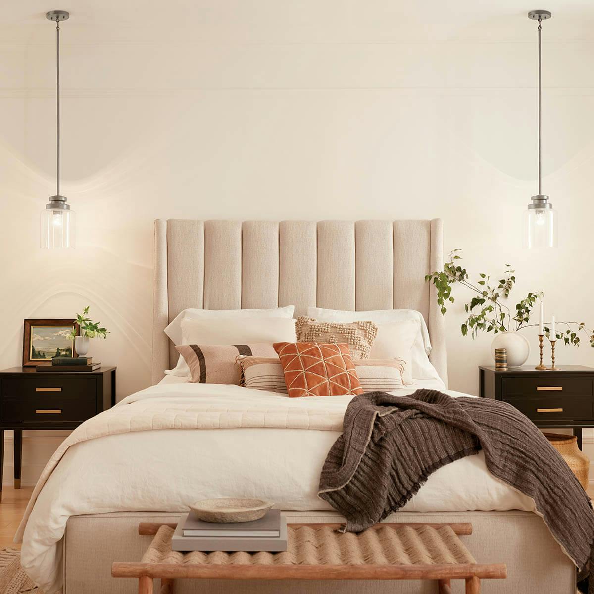 Day time bedroom with Annabeth 8" 1 Light Mini Pendant Brushed Nickel