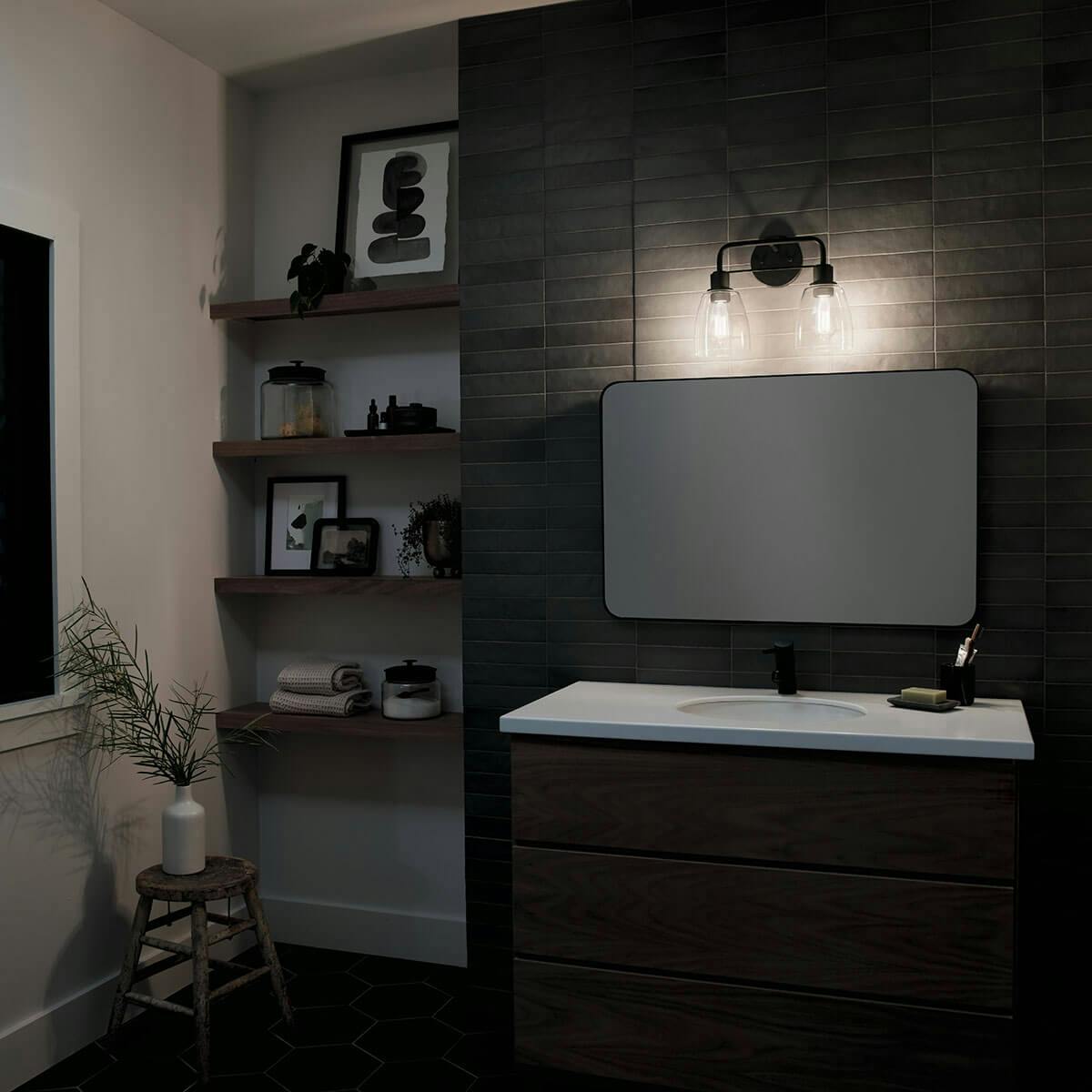 Night time Bathroom featuring Meller vanity light 55101BK