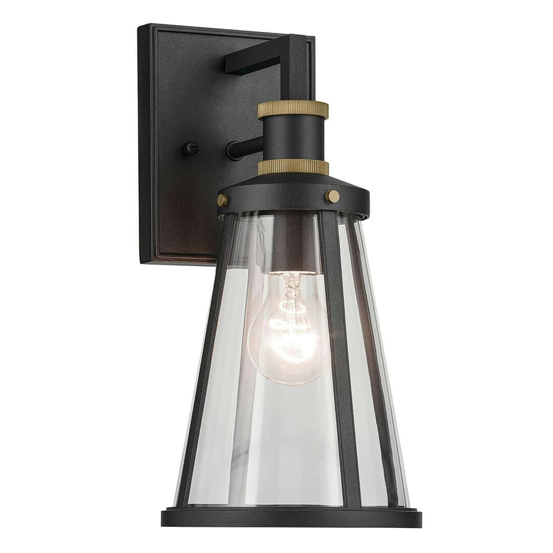 The Talman 13.25" 1 Light Outdoor Wall Light with Clear Glass in Textured Black and Natural Brass on a white background